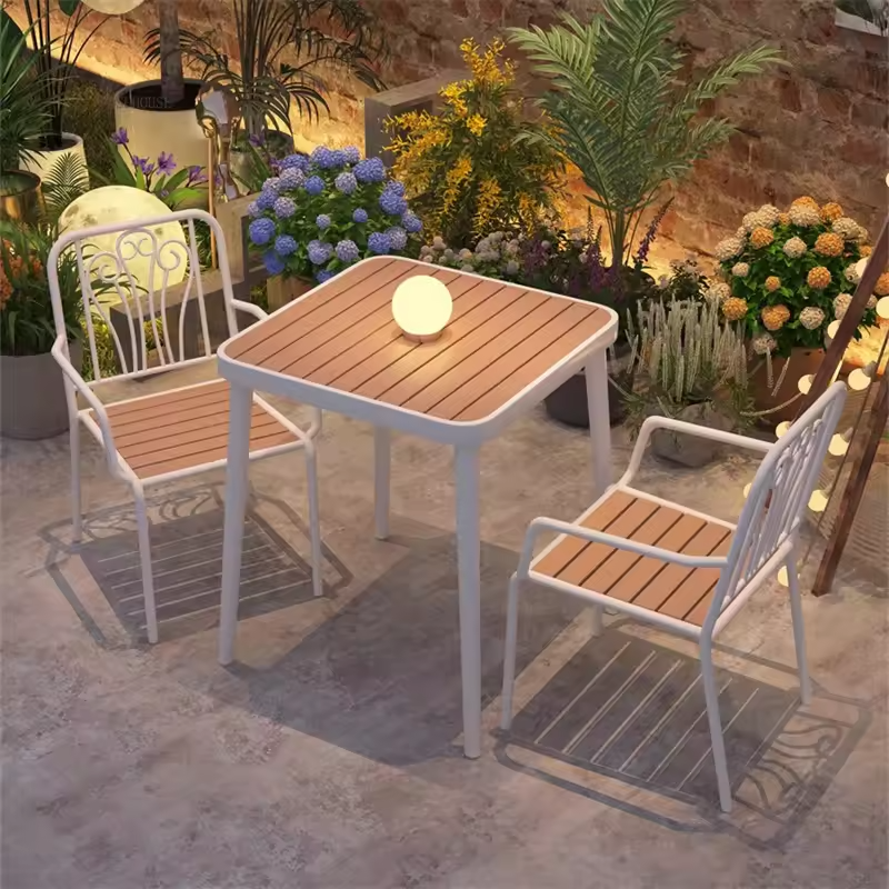 Elegant 3 Piece Balcony Set Durable Metal&Wood Cafe Table &Chairs